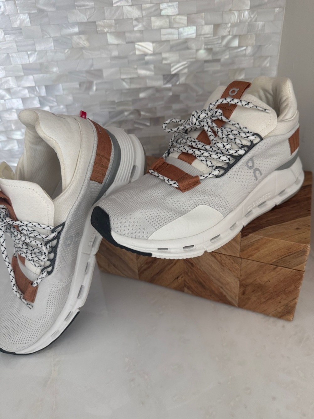 On Cloud Women’s Athletic Shoes in White with Tan Accents - Picture 6 of 6